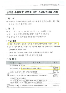 농식품 수출역량 강화를 위한 스터디워크숍 계획: 주요 내용 첫 줄 「(특강) 현장에서 필요한 농식품 수출실무(천우글로벌 이홍래 대표)」와 일정표 15:05~16:05 칸에 노란 표시